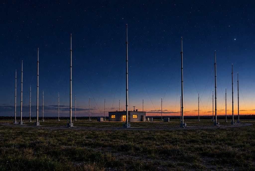 A circular array of antenna masts around a small building at twilight