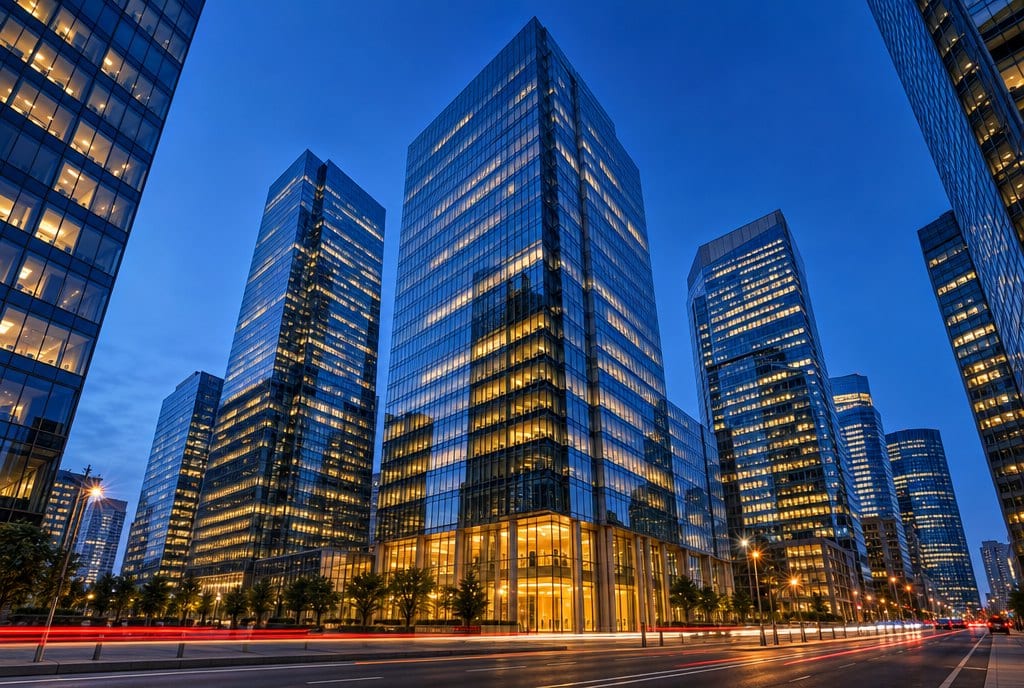 Glass bank towers lit at blue hour