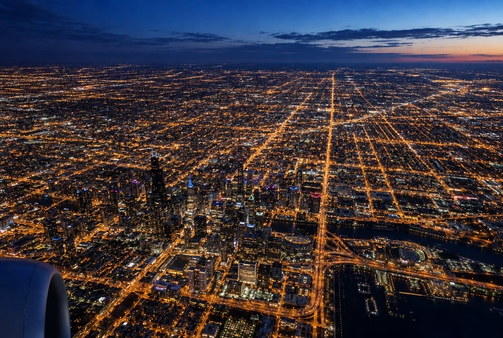 A city street grid seen from the air at night