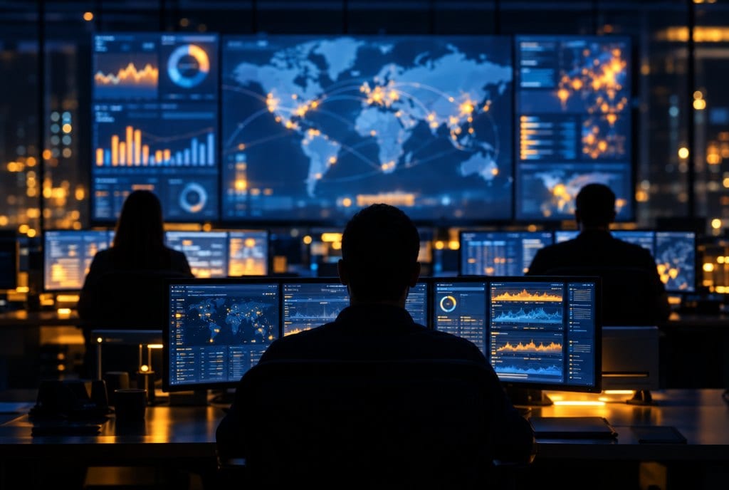 Operators in a control room at night in front of a wall of screens
