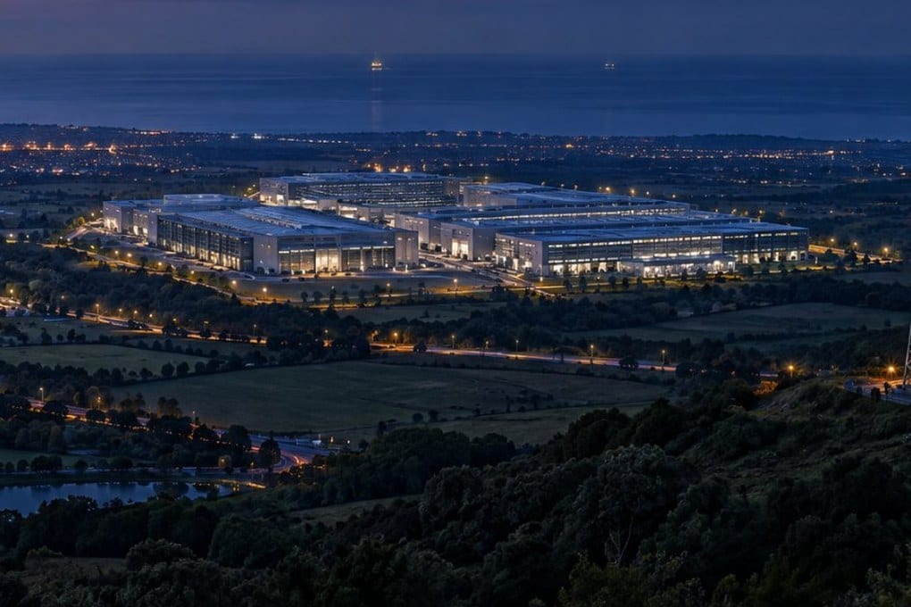 A data centre campus lit at night