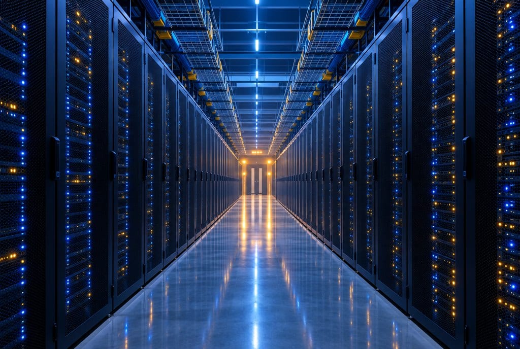 A long aisle of server cabinets in a data centre