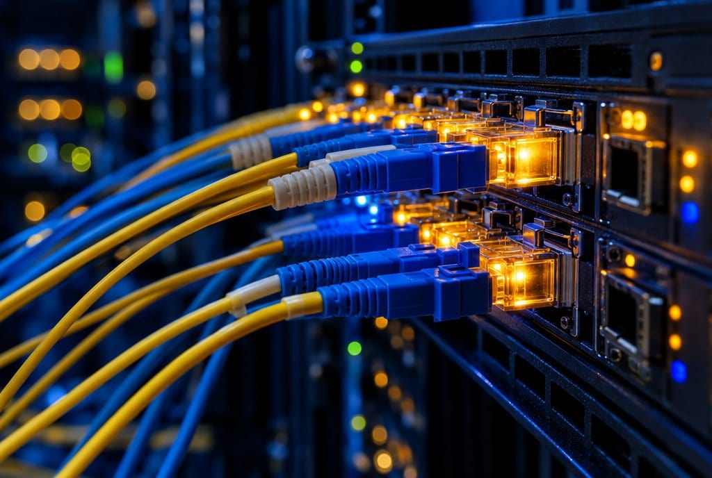 Fibre optic cables plugged into a network switch
