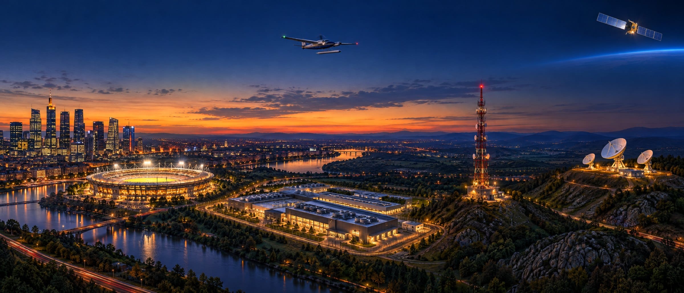 A twilight panorama of a city, a stadium, a data centre campus, a telecom tower and a satellite ground station, with an aircraft and a satellite overhead