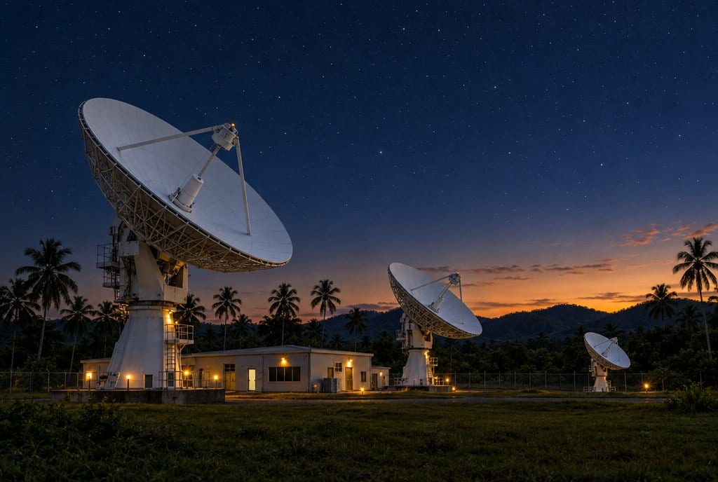 Satellite ground station antennas at twilight