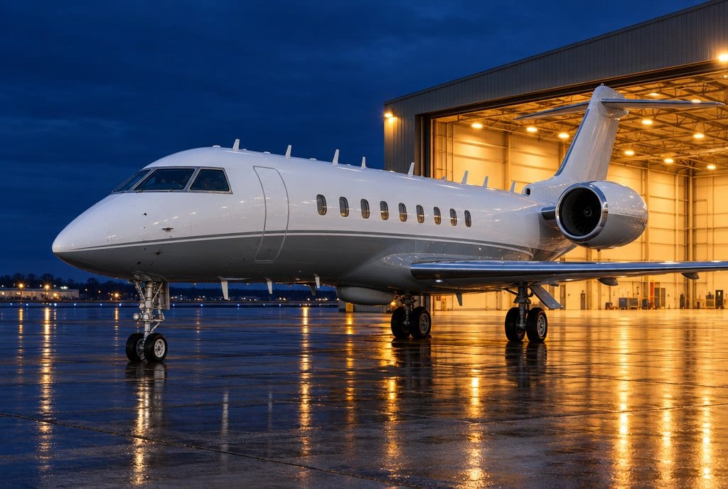 A special-mission jet parked outside a lit hangar at blue hour