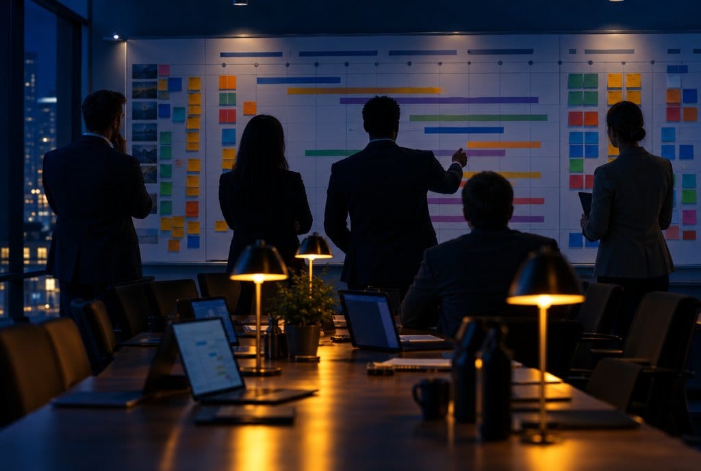 A program team in silhouette in front of a planning wall