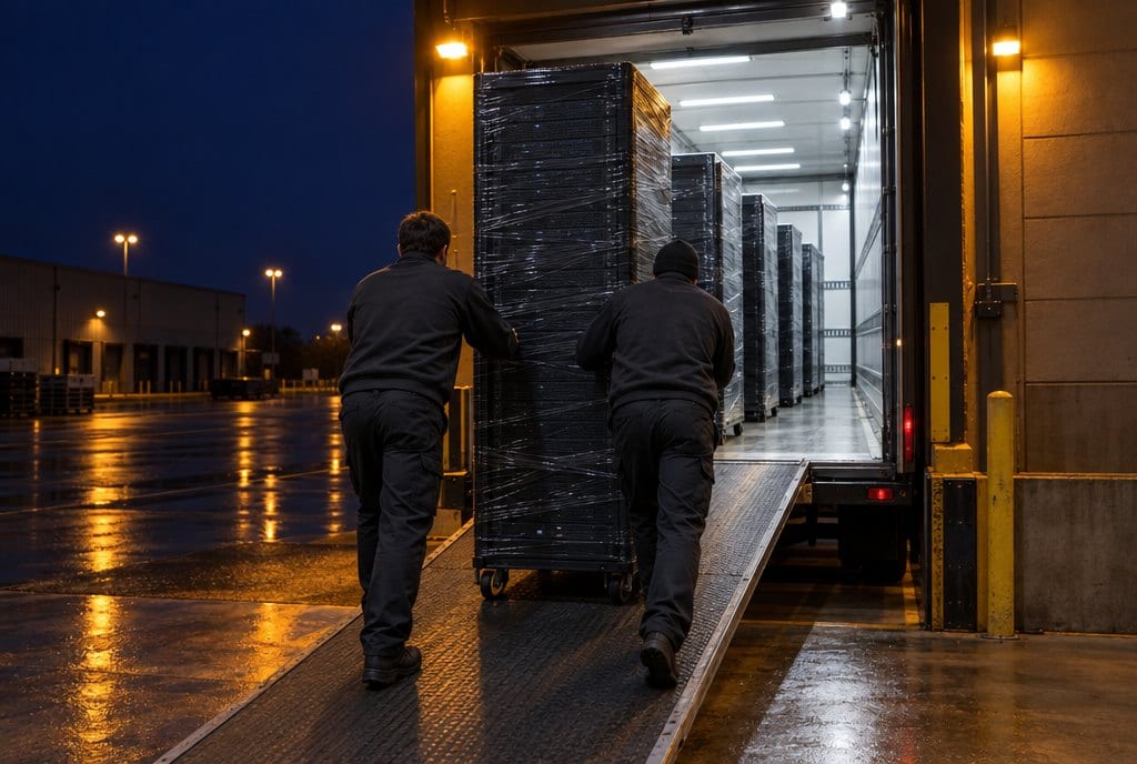 Technicians wheeling a wrapped server rack into a truck at night