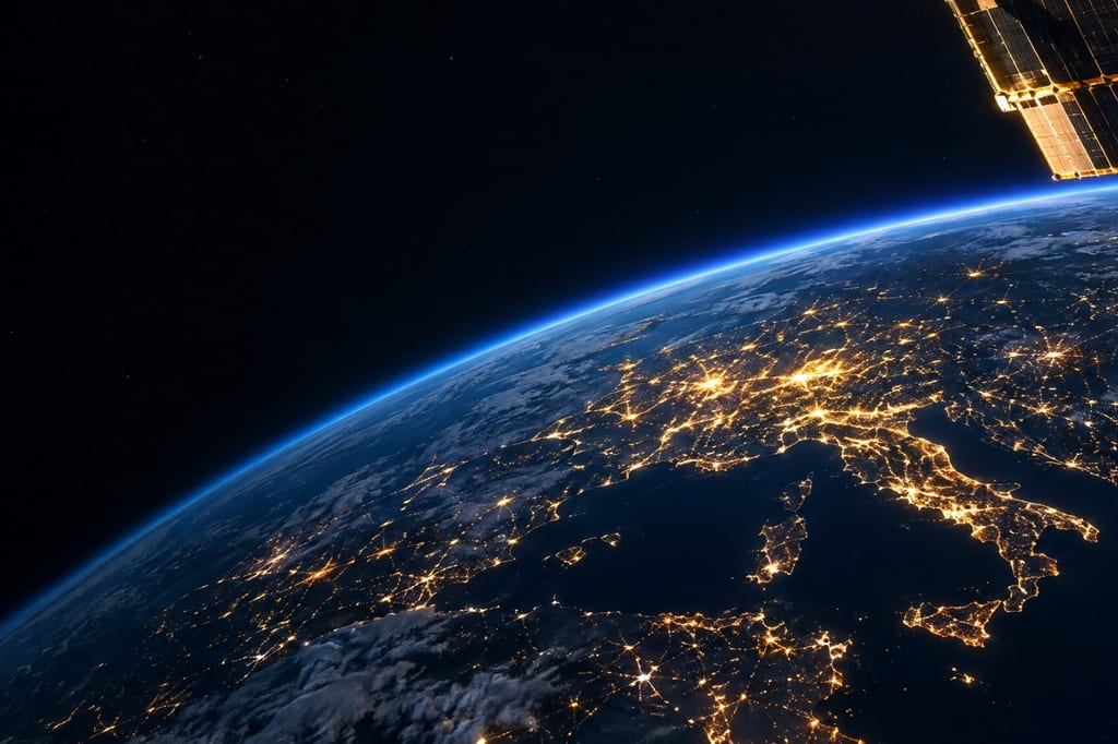 A satellite's solar array above the Earth at night