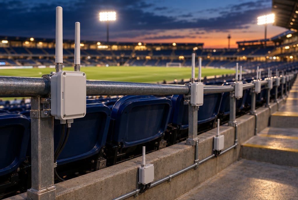Wi-Fi access points mounted on the railings of a stadium, with the field behind