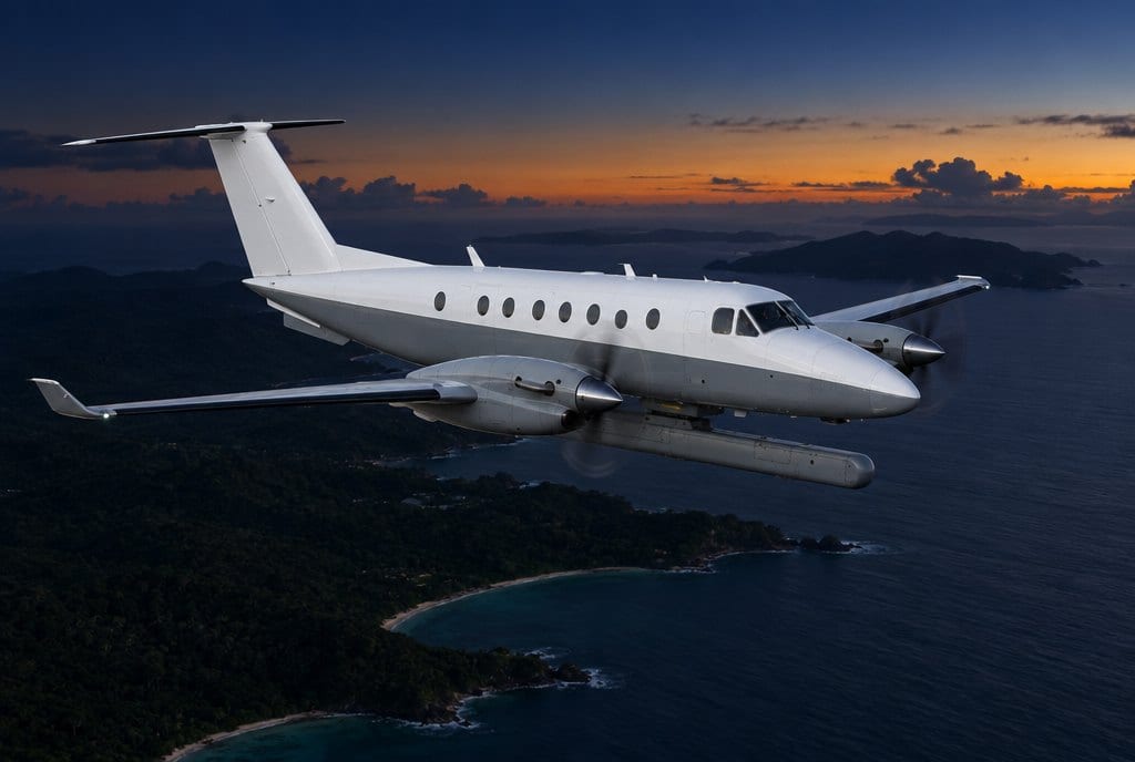A survey aircraft with a radar pod flying over a coastline at dusk