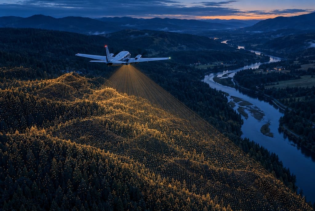 A survey aircraft mapping forested terrain with a scanning beam