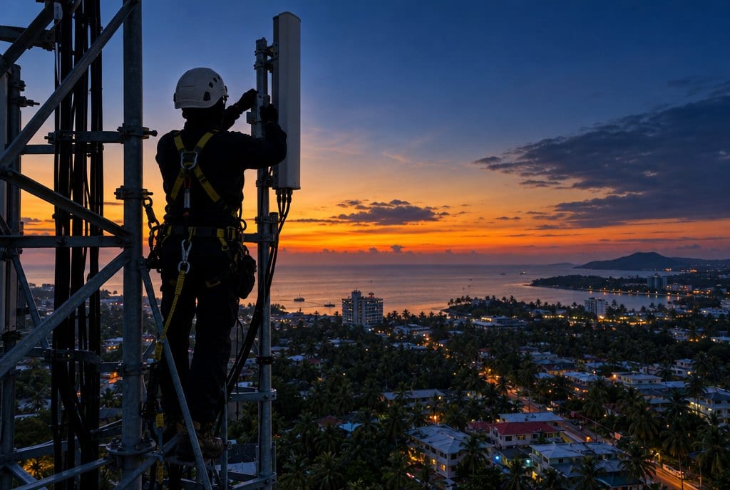 An engineer fitting an antenna to a telecom tower at dusk